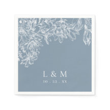 Dusty Blue White Blommigt Monogram Bröllop Napkins