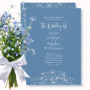 Dusty Blue White Blommigt QR Code Elegant bröllop Inbjudningar