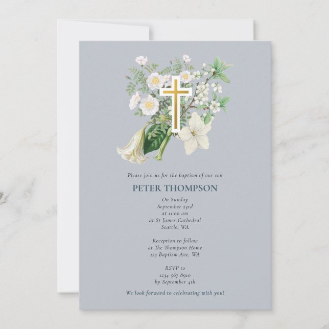 Dusty Blue White Blommigt Religiösa Kor Baptism Inbjudningar (Framsida)