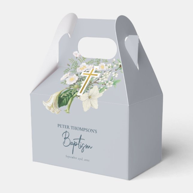 Dusty Blue White Blommigt Religiösa Kor Baptism Presentaskar (Framsidan Sidan)