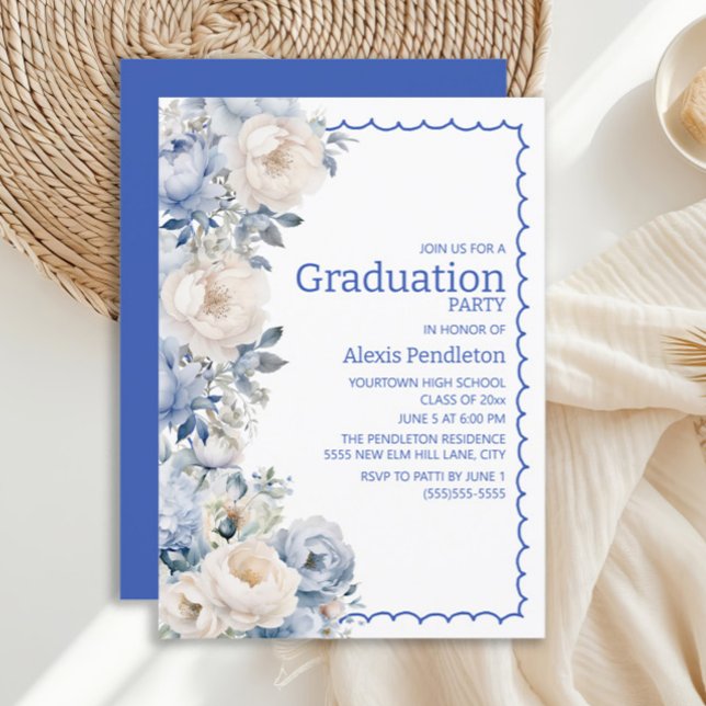 Dusty Blue White Blommigt Squiggle Ram Inbjudningar (Dusty blue and white watercolor floral graduation party invitation)