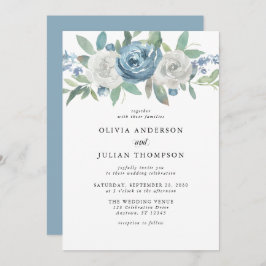 Dusty Blue & White Blommigt Watercolor Bröllop Inbjudningar