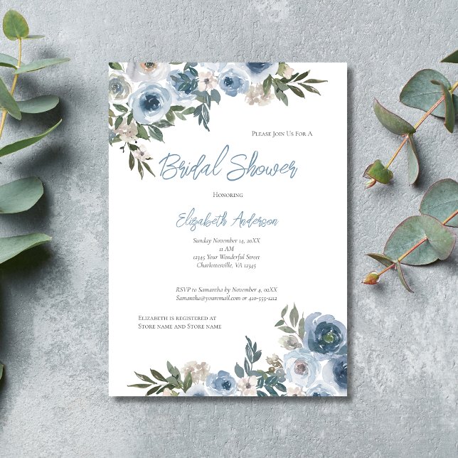 Dusty Blue White Blommigt Watercolor Möhippa Inbjudningar (Blue White Floral Watercolor Bridal Shower Invitation- Elegant and Formal)