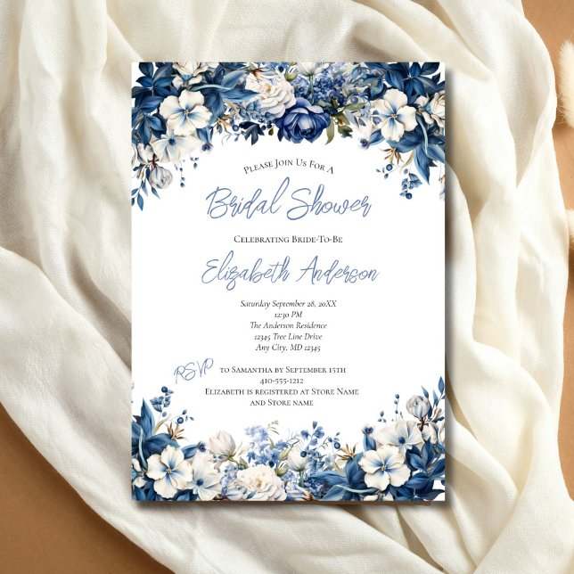 Dusty Blue White Blommigt Watercolor Möhippa Inbjudningar (Dusty Blue White Floral Bridal Shower Invitation. Elegant Watercolor. Printed or Digital Download)