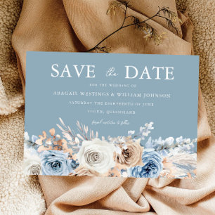 Dusty Blue & White Bohemian Blommigt Modern Bröllo Spara Datumet