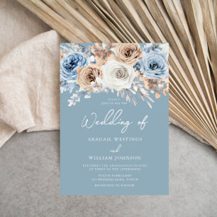 Dusty Blue White Bohemian Blommigt Modern Bröllop Inbjudningar