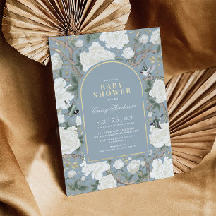 Dusty Blue White Chinoiserie Blommigt Baby Shower Inbjudningar