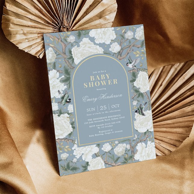 Dusty Blue White Chinoiserie Blommigt Baby Shower Inbjudningar (Skapare uppladdad)