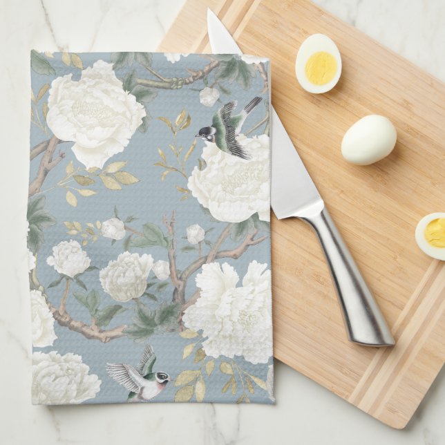 Dusty Blue White Chinoiserie Blommigt Porcelain Kökshandduk (Vikt i Fjärdedel)