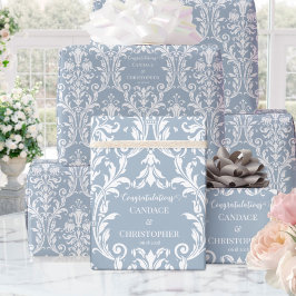 Dusty Blue White Damask Add Namn & Grattiss Presentpapper