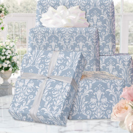 Dusty Blue White Damask Elegant bröllop Presentpapper