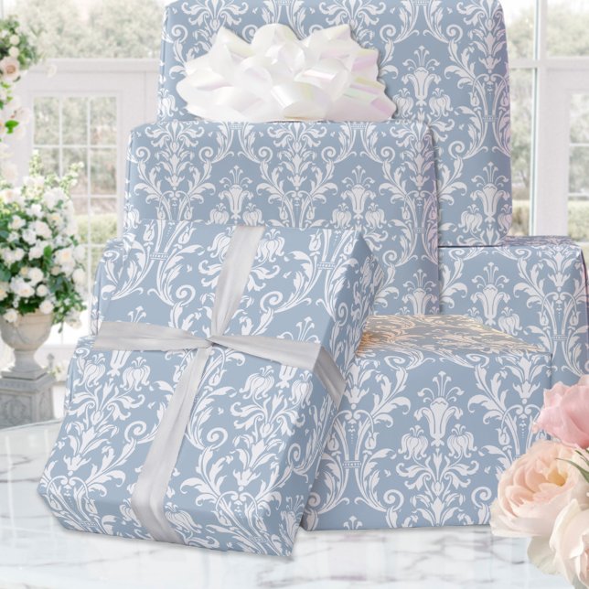 Dusty Blue White Damask Elegant bröllop Presentpapper (Skapare uppladdad)
