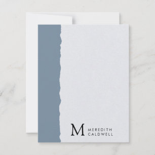 Dusty Blue White Deckled Kant Färg Block Monogram Anteckningskort