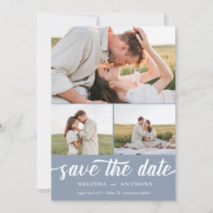 Dusty Blue White Elegant Fold Script Photo Collage Spara Datumet