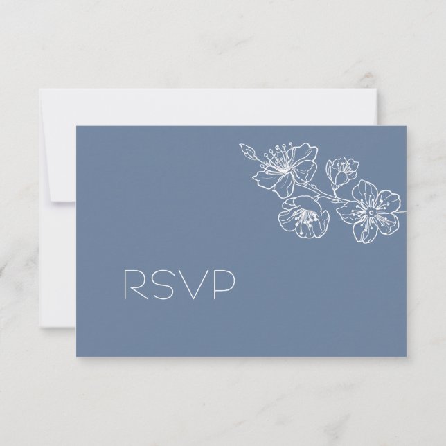  Dusty Blue White Floral Line Art RSVP OSA Kort (Baksida)