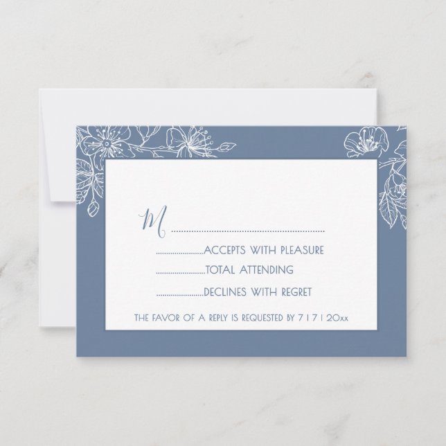  Dusty Blue White Floral Line Art RSVP OSA Kort (Framsida)