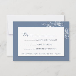  Dusty Blue White Floral Line Art RSVP OSA Kort