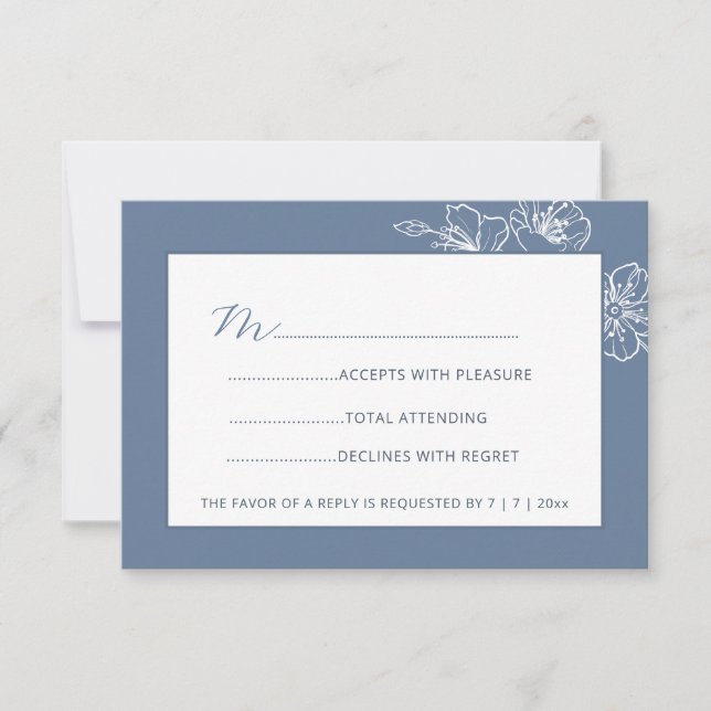  Dusty Blue White Floral Line Art RSVP OSA Kort (Framsida)