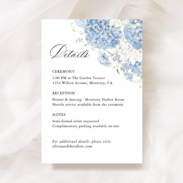 Dusty Blue White Floral Wedding Details, Info Tilläggskort (Dusty blue white floral wedding details card, ceremony info enclosure with watercolor hydrangea)