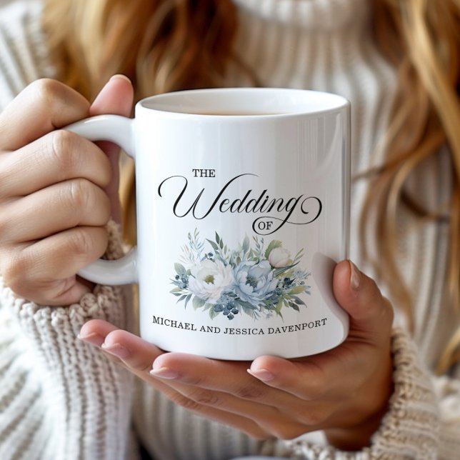 Dusty Blue White Floral Wedding Favor Kaffemugg (Elegant dusty blue floral wedding favor mug)