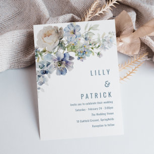 Dusty Blue & White Flowers Elegant bröllop Inbjudningar
