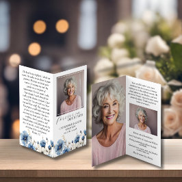 Dusty Blue White Folding Memorial Prayer Card Visitkort