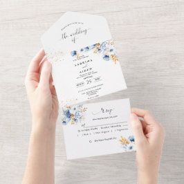 Dusty Blue White Guld Blommigt Bröllop