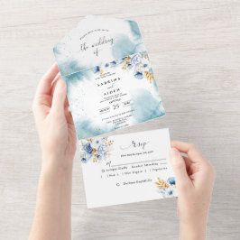 Dusty Blue White Guld Blommigt Bröllop