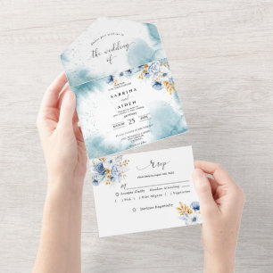 Dusty Blue White Guld Blommigt Bröllop