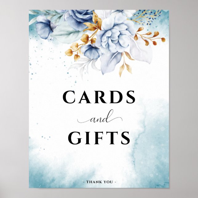 Dusty Blue White Guld Blommigt Bröllopskort & Gifs Poster (Framsidan)