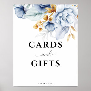 Dusty Blue White Guld Blommigt Bröllopskort och gå Poster