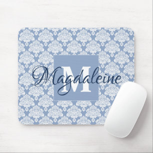 Dusty Blue & White Lacy Damask Monogram & Namn Musmatta
