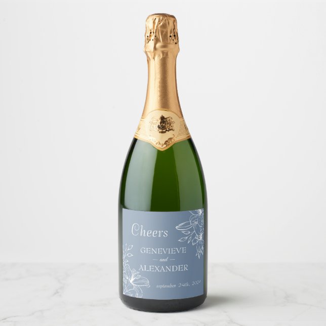 Dusty Blue White Lily Champagne Flask Etikett Deka (Framsida)