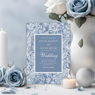 Dusty Blue White Line Art Blommigt Botaniska Inbjudningar