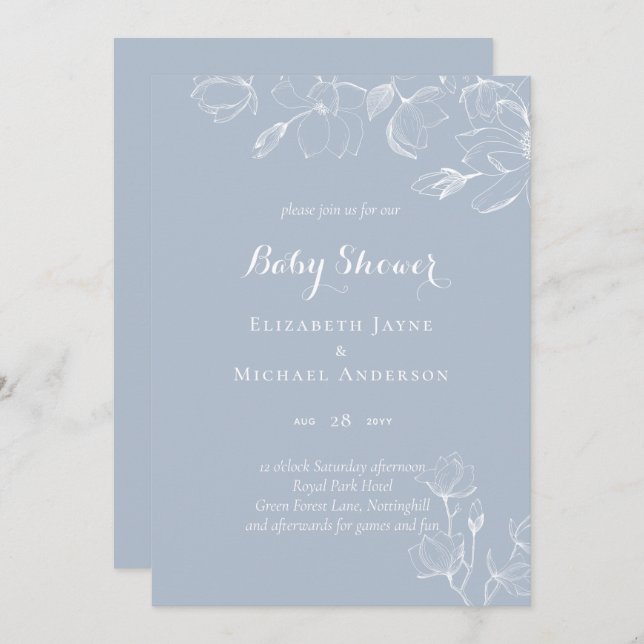 Dusty Blue White Magnolias Baby Shower (Fram/baksida)