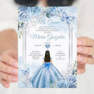 Dusty Blue & White Mis Quince 15 Anos Silver Krona Inbjudningar