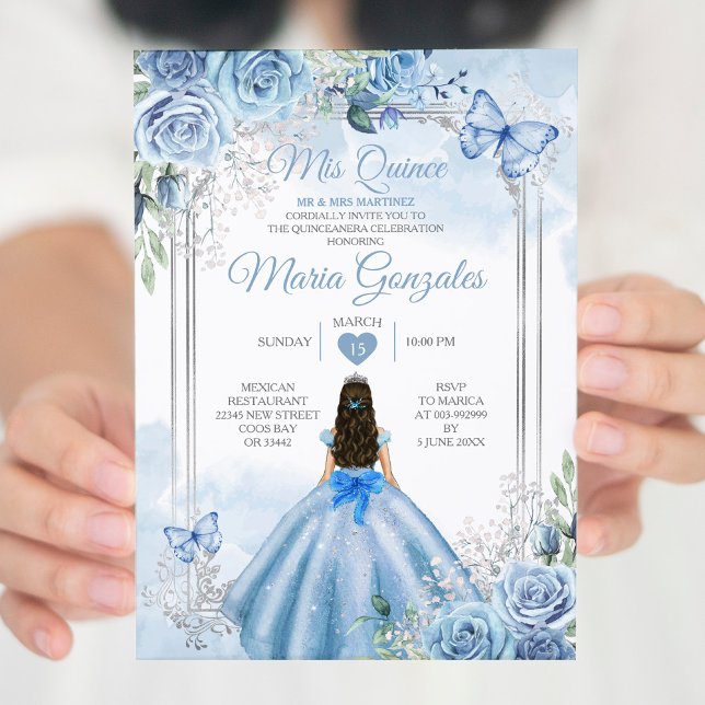 Dusty Blue & White Mis Quince 15 Anos Silver Krona Inbjudningar (Skapare uppladdad)