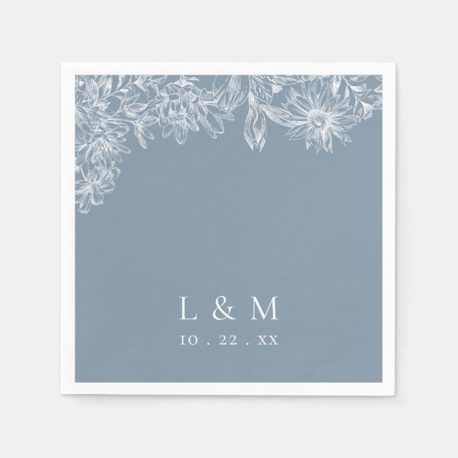 Dusty Blue White Monogram Bröllop Napkins Pappersservett (Framsidan)