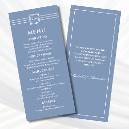 Dusty Blue White Monogram Modern Bröllop Menu Meny