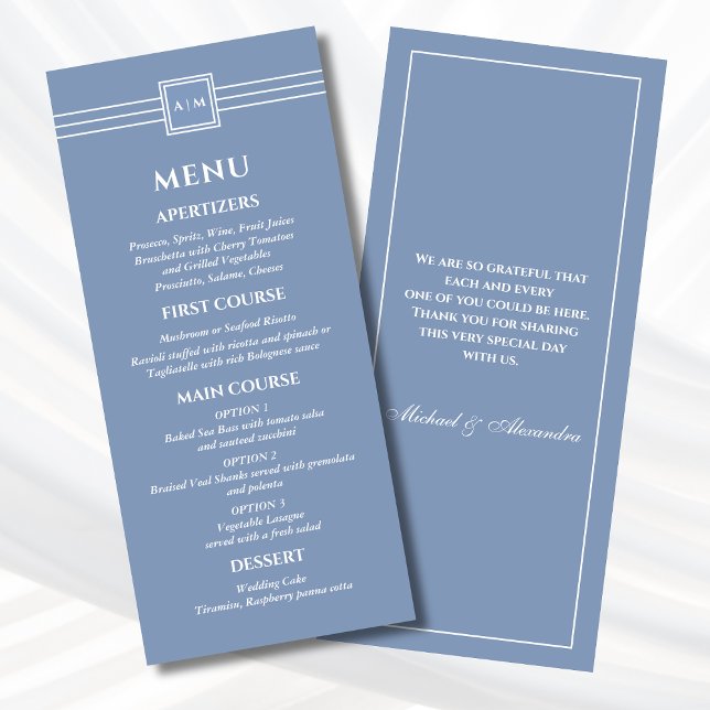Dusty Blue White Monogram Modern Bröllop Menu Meny (Skapare uppladdad)
