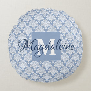 Dusty Blue & White Monogrammed Namn Damask Rund Kudde