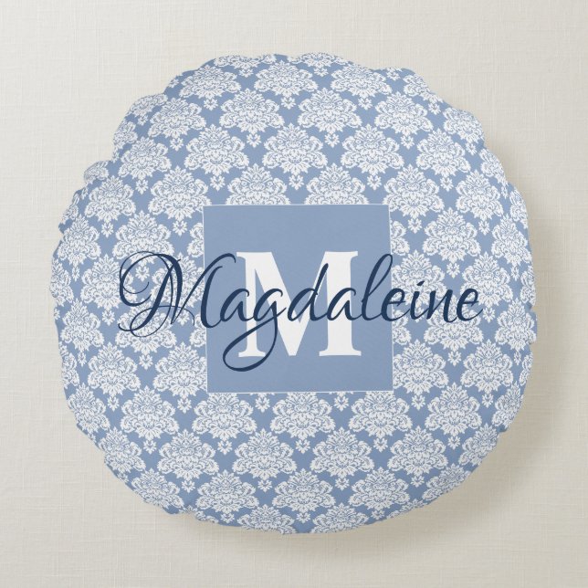 Dusty Blue & White Monogrammed Namn Damask Rund Kudde (Framsidan)
