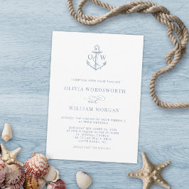 Dusty Blue White Nautical Anchor Monogram Bröllop Inbjudningar