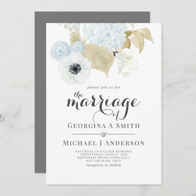 Dusty Blue White Navy Anemone BUDGET Bröllop Inbjudningar (Fram/baksida)