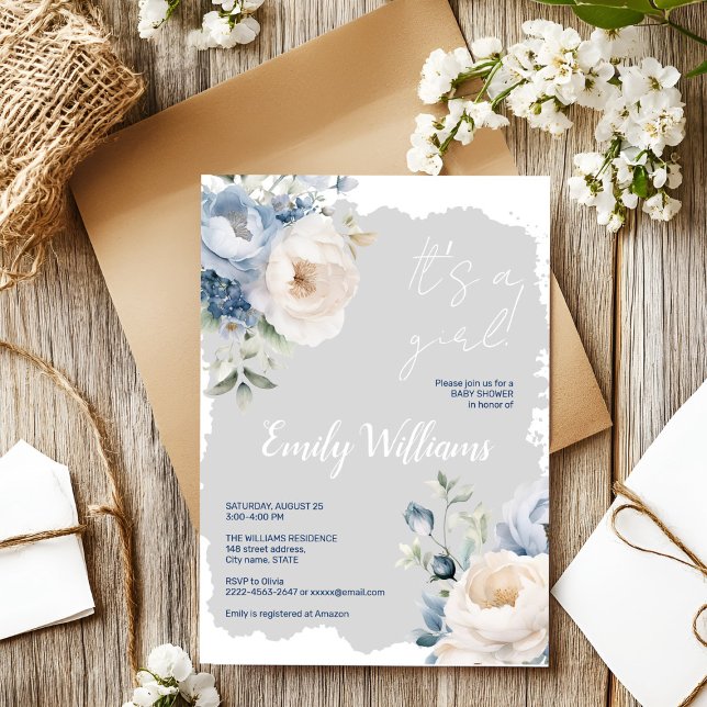 Dusty Blue & white peonies babyduschinbjudan Inbjudningar (Blue and white roses and peonies floral watercolor baby shower invitation )