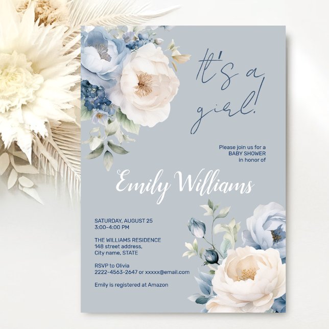 Dusty Blue & white peonies babyduschinbjudan Inbjudningar (Dusty blue watercolor flowers peonies rustic gender neutral baby shower invitation )