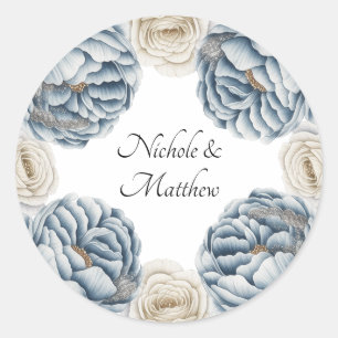 Dusty Blue & White Peony Bröllop Runt Klistermärke