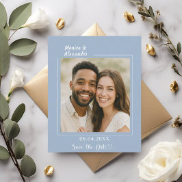 Dusty blue white photo wedding Save the Date Flygblad