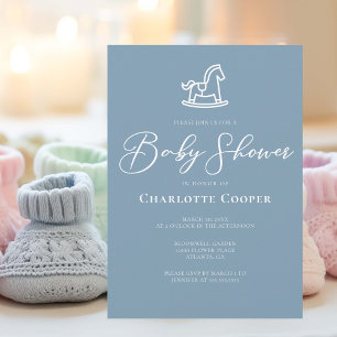 Dusty Blue White Rocking Horse Baby Shower Inbjudningar