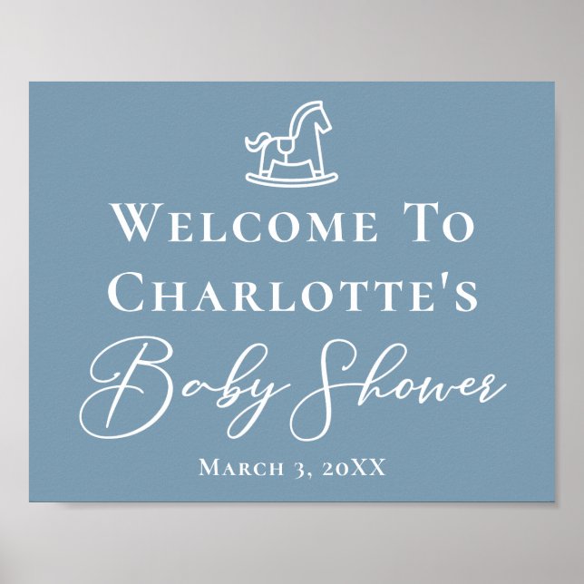 Dusty Blue White Rocking Horse Baby Shower Poster (Framsidan)